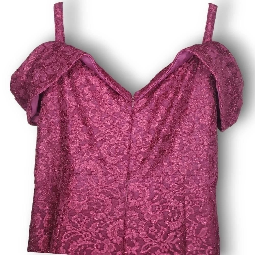 R & M Richards Burgundy Off-The-Shoulder Petite Lace Gown Plus Size 18W - Picture 8 of 11